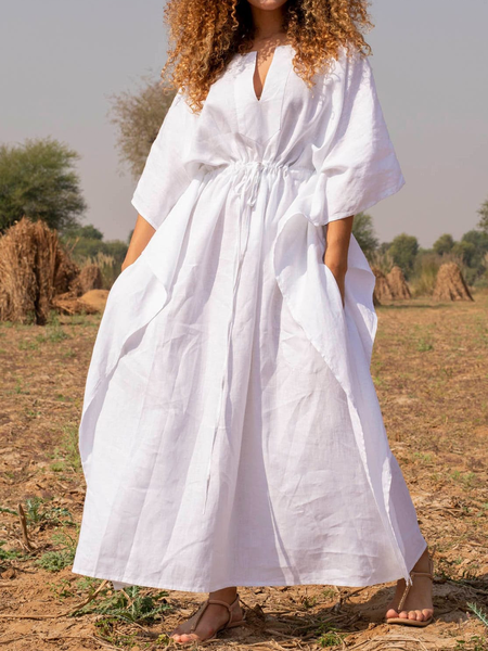

Loose Casual Lace-Up Long Casual Dress, White, Maxi Dresses