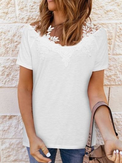 

Loosen Lace V Neck Cotton Blends Shirts & Tops, White, Tees & T-shirts