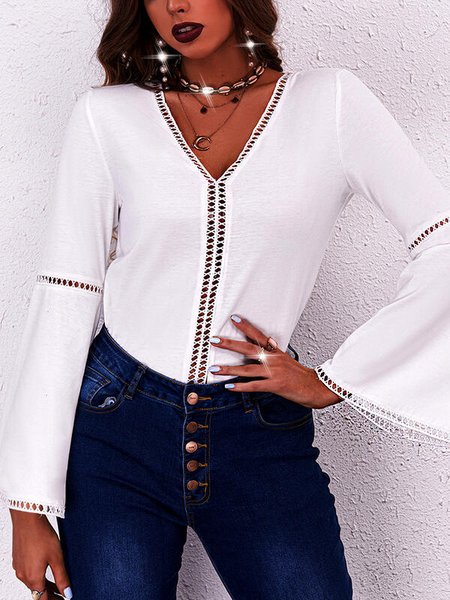 

V Neck Lace Elegant Long sleeve tops, White, Long sleeve tops