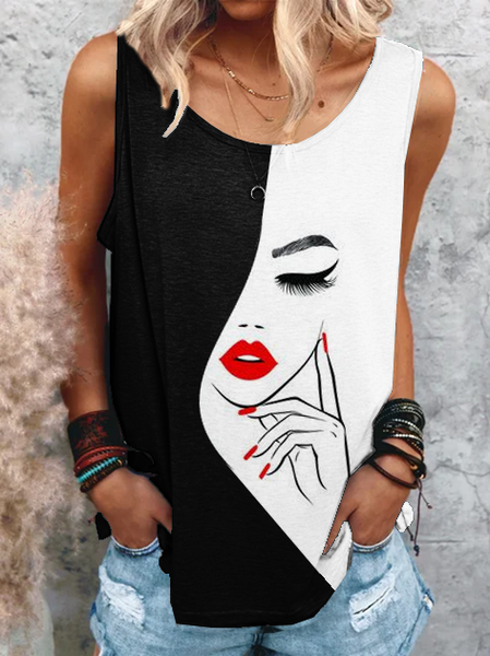 

Cotton Blends Casual Loosen Knit Tank, Black-white, Tank Top