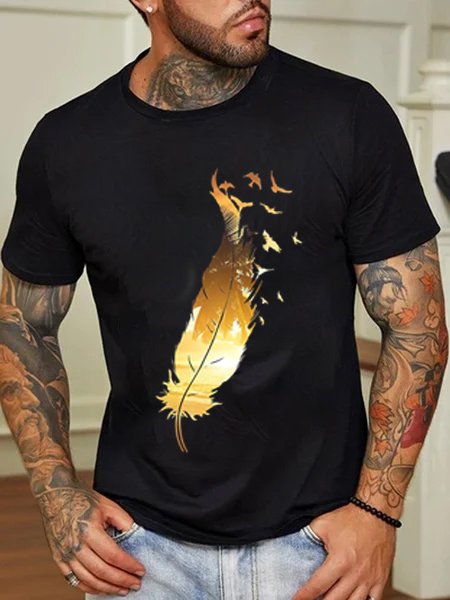 

Casual Gold Feather Short Sleeve T-Shirt, Black, Men's t-shirts