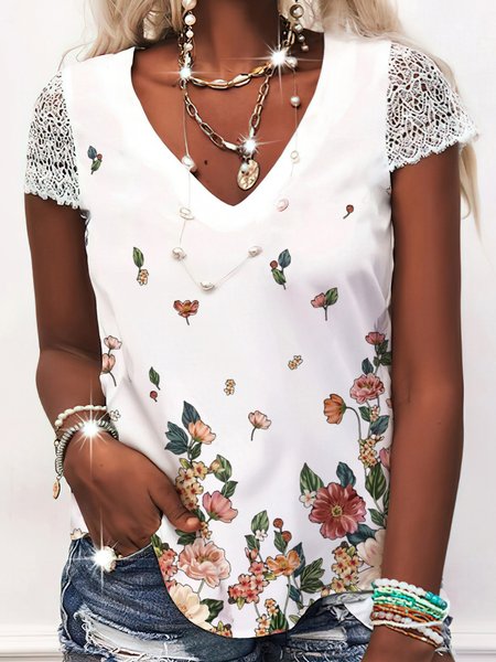

Romantic Floral Printed V Neck Cotton Blends Loosen Shirts & Tops, Flower, T-Shirts