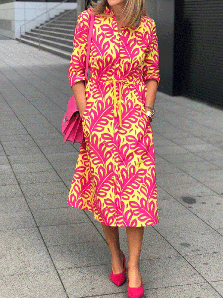 

Casual Printed Half Sleeve Shirt Dress, Rose red, Midi Dresses