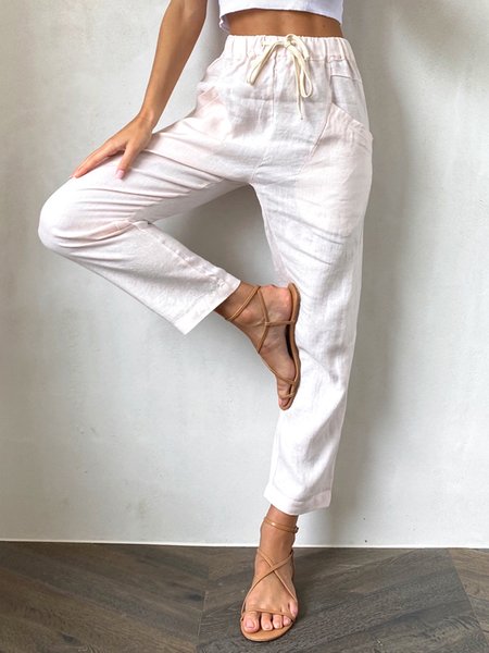 

Casual Linen Loosen Solid Pants, Light pink, Pants