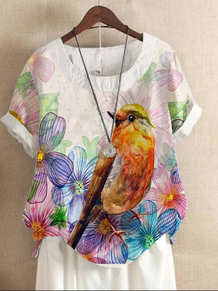 

Crew Neck Bird Loosen Short sleeve tops, White, Tops