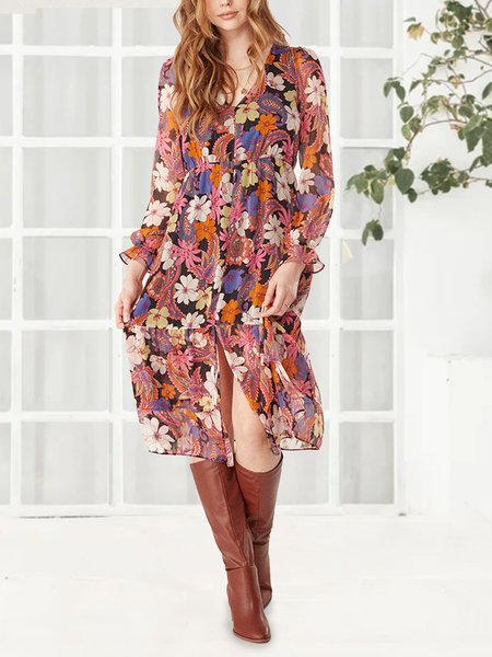 

Vacation V-Neck Long Sleeve Neck Waist Small A Swing Floral Dress, Multicolor, Midi Dresses