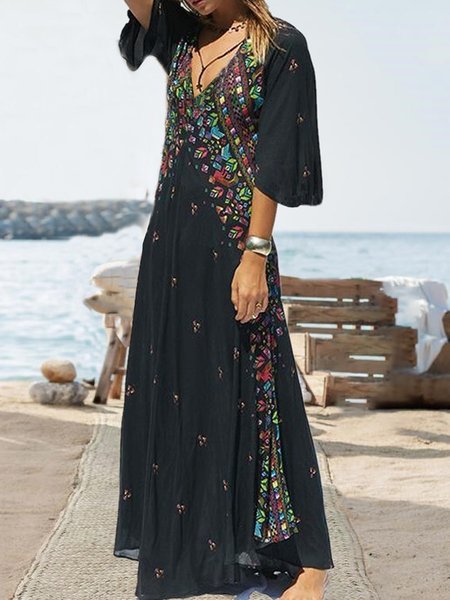 

Tribal Boho Geometric Floral Printed Loosen Frill Sleeve V Neck Dresses, Black, Maxi Dresses