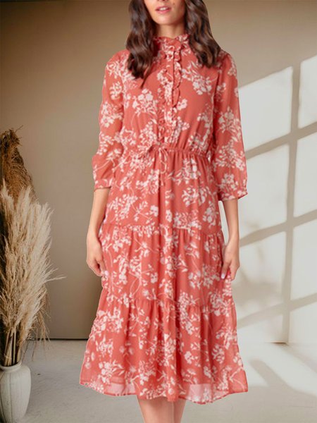 

Party Stand Collar Long Sleeve Gathered Waist Orange Floral Dress, Floral Dresses