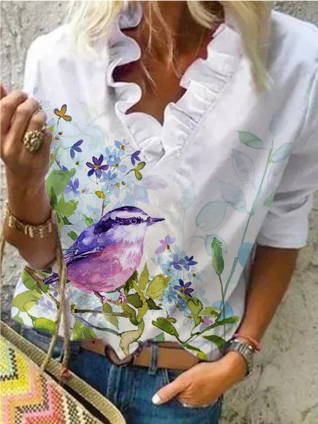 

Boho Ruffle Collar Leaves Shirts & Tops, White, Tops