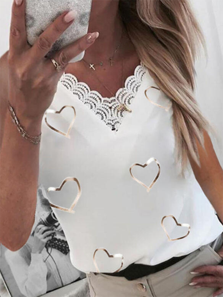 

Lace Sleeveless Heart V neck Casual Vests, White, Tank Top