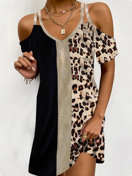 

Cotton Blends Casual V Neck Dresses, As picture, Mini Dresses