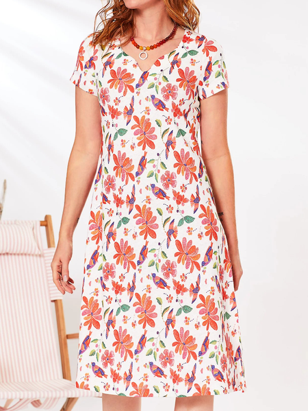 

Casual Floral Loosen Short sleeve Knit Dress, White-red, Midi Dresses