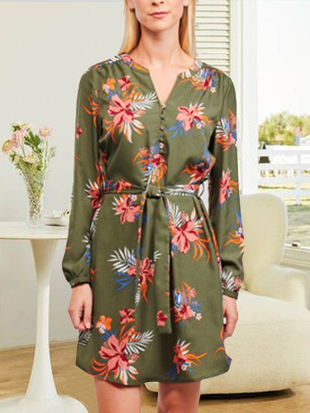

Vacation Home Green Floral Notched Neck Long Sleeve Dress, Dresses