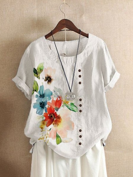

Floral Casual Buttoned Round Neck Loosen Shirts & Tops, White, Tops