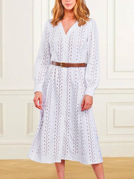 

White Resort Lace V-Neck Long Sleeve Shift Dress, Dresses