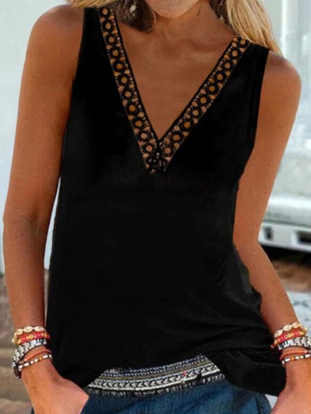 

Casual Sleeveless V Neck Plus Size Vests, Black, Tank Top