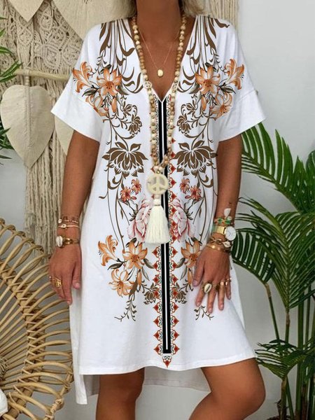 

V neck Floral Loosen Casual Cotton Blends Dresses, White, Dresses
