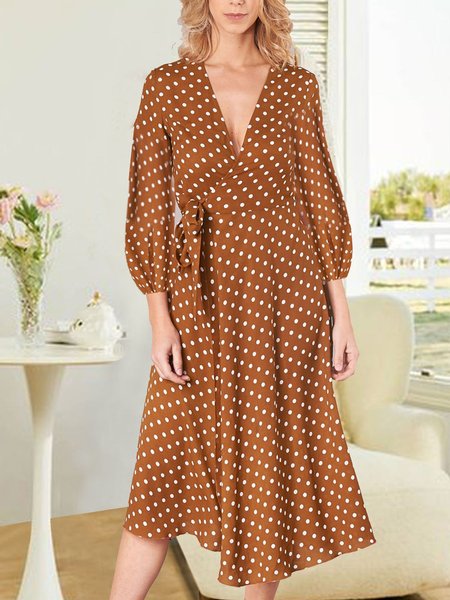 

Vacation Orange Polka Dot Long Sleeve A Hem Tie Dress, Dresses