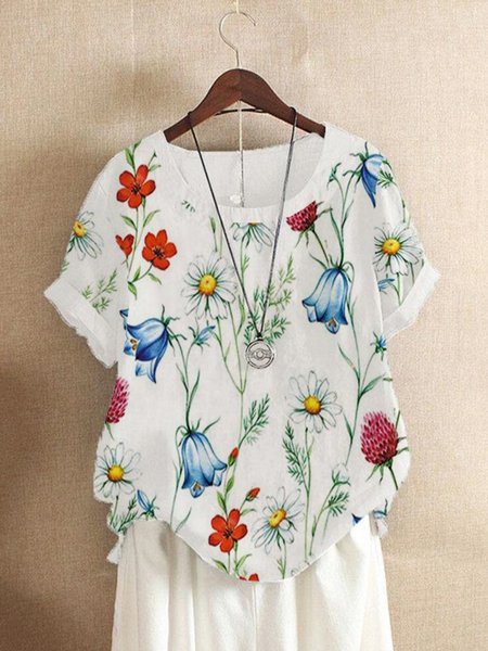 

Casual Floral Printed Short Sleeve Loosen Short Sleeve T-shirt, White, T-Shirts