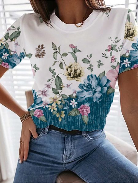 

Floral Loosen Vacation Shirts & Tops, Blue, T-Shirts