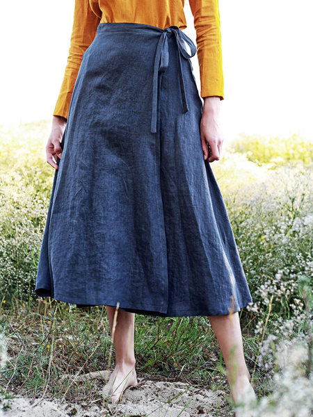 

Cotton Linen Blue Casual Lace-Up Midi Skirt, Skirts