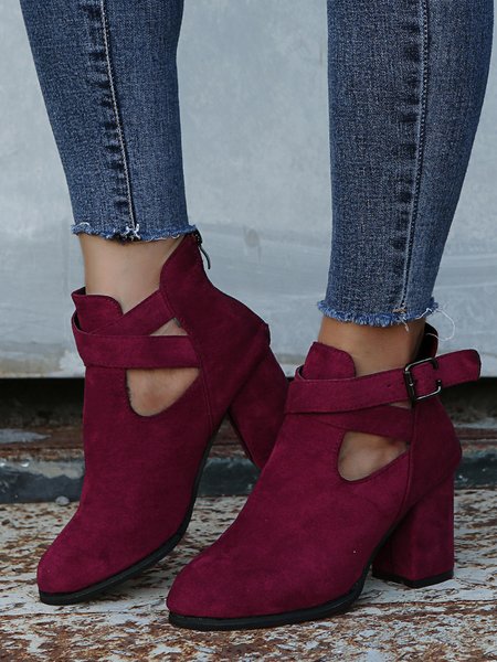 

Women's Solid Faux Suede Cutout Ankle Boots, Wine red, Shoes