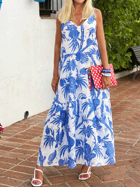 

Bohemian Resort Botanical Print Sleeveless Dress, Blue, Maxi Dresses