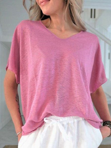 

V Neck Short Sleeve T-Shirt, Pink, T-Shirts