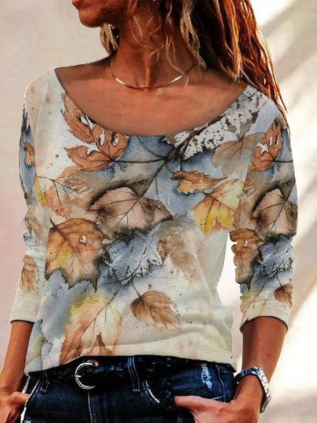 

Leaves Print Casual Long sleeve tops, As picture, Long sleeves