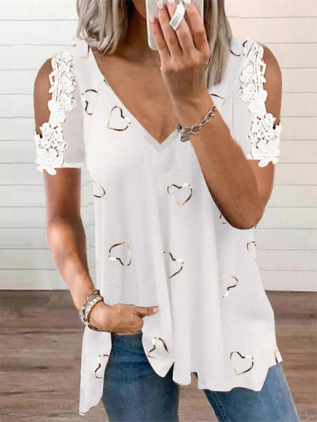 

Heart Short sleeve V neck Casual Shirts & Tops, White, T-Shirts