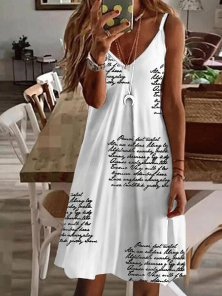 Letters Printed Casual V Neck Sleeveless Casual Midi A-line Short sleeve Knit Dress, White, Mini Dresses