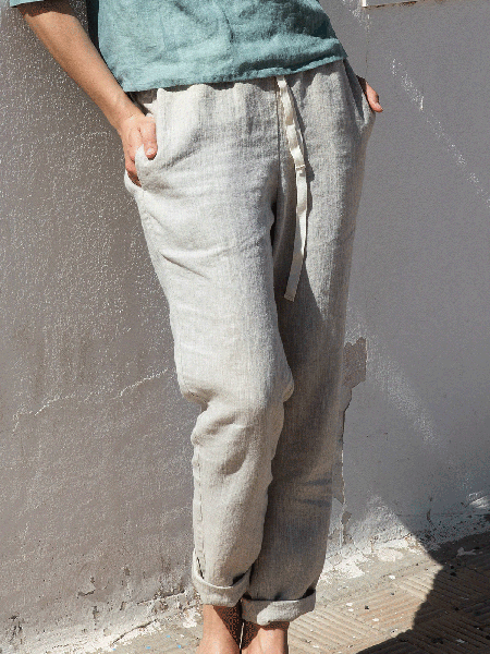 

Linen-Cotton Casual Lace-Up 9-Point Straight-Leg Pants, Light gray, Pants
