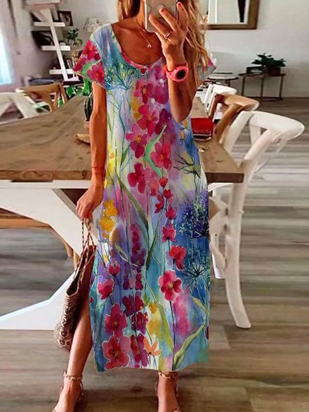 

Floral Printed Casual Slit Short Sleeve Loosen Dresses, As picture, Maxi Dresses