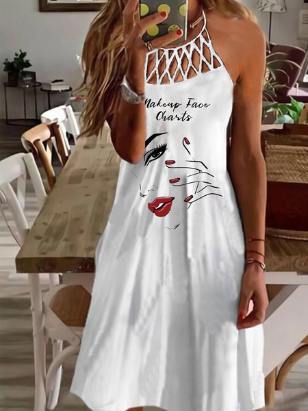 

Character Print Designer Spring New Ladies Sleeveless Dress, White, Boho dresses