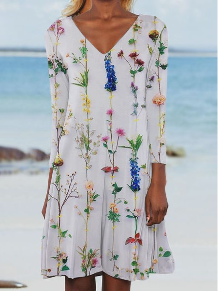 

V Neck Cotton Blends Floral Dresses, White, Dresses