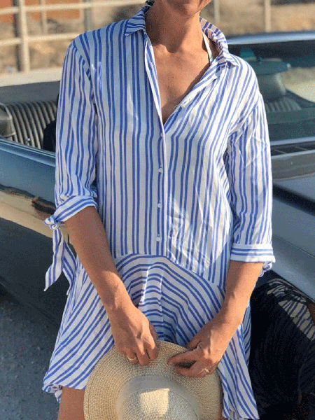 

Casual V Neck Buttoned Short sleeve Woven Dress, Blue, Mini Dresses