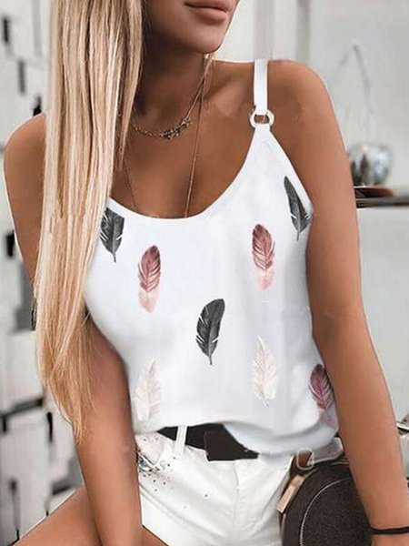 

Sexy Crew Neck Sleeveless Feather Vests, White, Tank Top