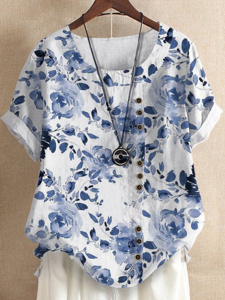 

Floral Short Sleeves Buttoned Crew Neck Plus Size Casual Tops, White-blue, Tops