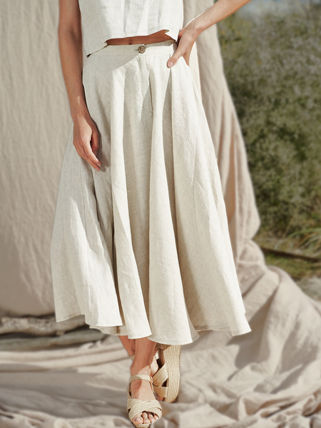 

Linen And Cotton Style Lotus Leaf Hem Simple Midi Skirt, Off white, Skirts