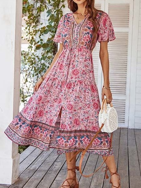 

Floral Casual Loosen Short sleeve Woven Dress, Pink, Midi Dresses
