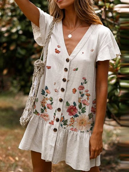

Casual Floral Cotton Blends V Neck Short sleeve Women Dress, White, Mini Dresses