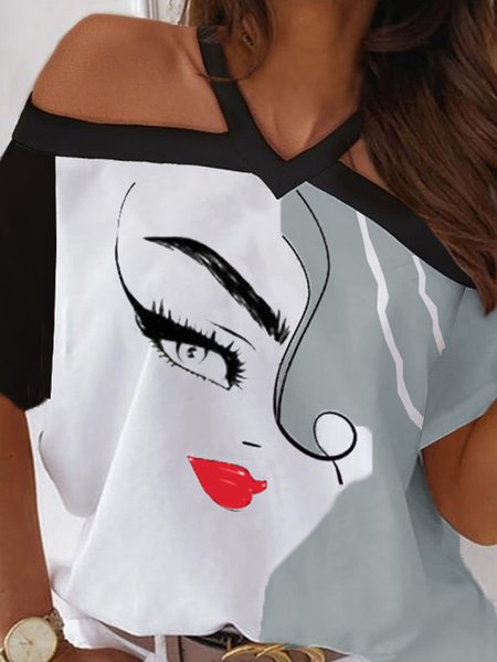 

Abstract Figure Printed Casual Loosen Cotton Blends Off The Shoulder Short Sleeve T-shirt, Flower, T-Shirts