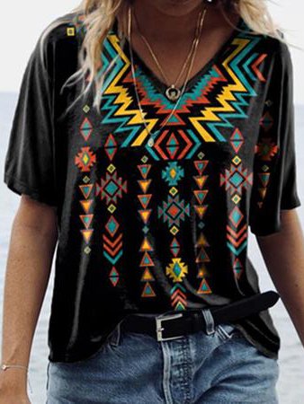

V Neck Cotton Blends Loosen Ethnic Shirts & Tops, Black, T-Shirts