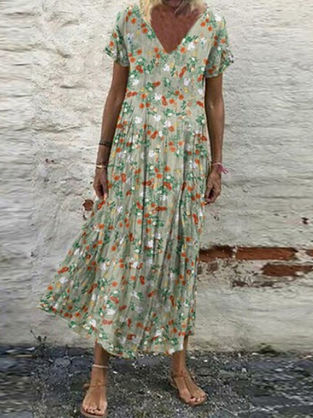 

Casual Vintage Print Loose V-Neck Short Sleeve Midi Dress, Green, Dresses