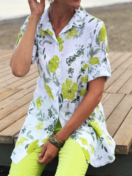 

Floral Shirt Collar Casual Shirts & Tops, White, Blouses & Shirts