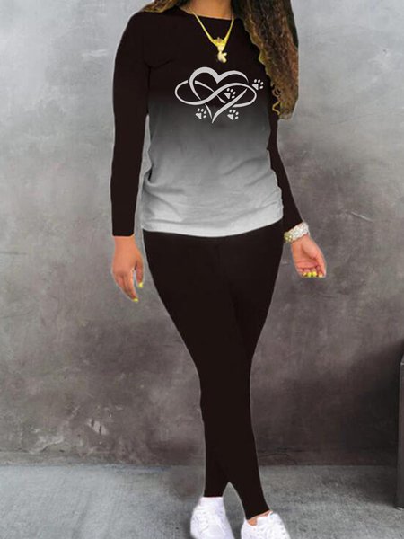 

Ombre Heart Animal Casual Loosen Cotton Blends Crew Neck Suits, Black, Two-piece Outfits