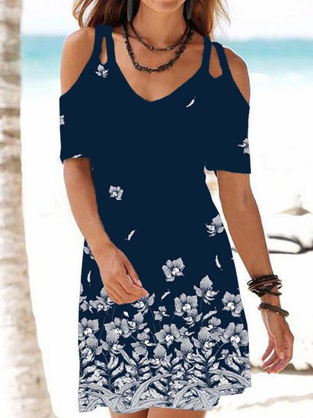 

Hollow Out Floral Printed Casual Dresses, Dark blue, Floral Dresses
