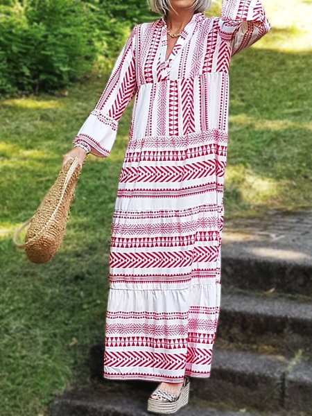

Boho Tribal V Neck Long sleeve Woven Dress, White, Maxi Dresses