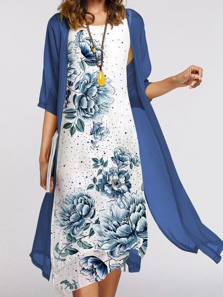 

Loosen Floral V Neck Two-Piece Dress Set, Blue, Suit Set
