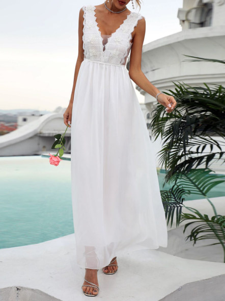 

V Neck Cotton Blends Elegant Long Dresses, White, Dresses